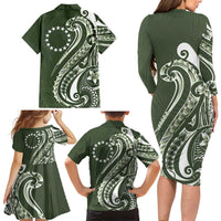 Kia Orana Cook Islands Family Matching Long Sleeve Bodycon Dress and Hawaiian Shirt Matie Plumeria Tropical Waves LT7 - Polynesian Pride
