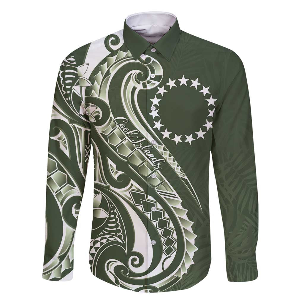 Kia Orana Cook Islands Family Matching Long Sleeve Bodycon Dress and Hawaiian Shirt Matie Plumeria Tropical Waves LT7 Dad's Shirt - Long Sleeve Sage Green - Polynesian Pride