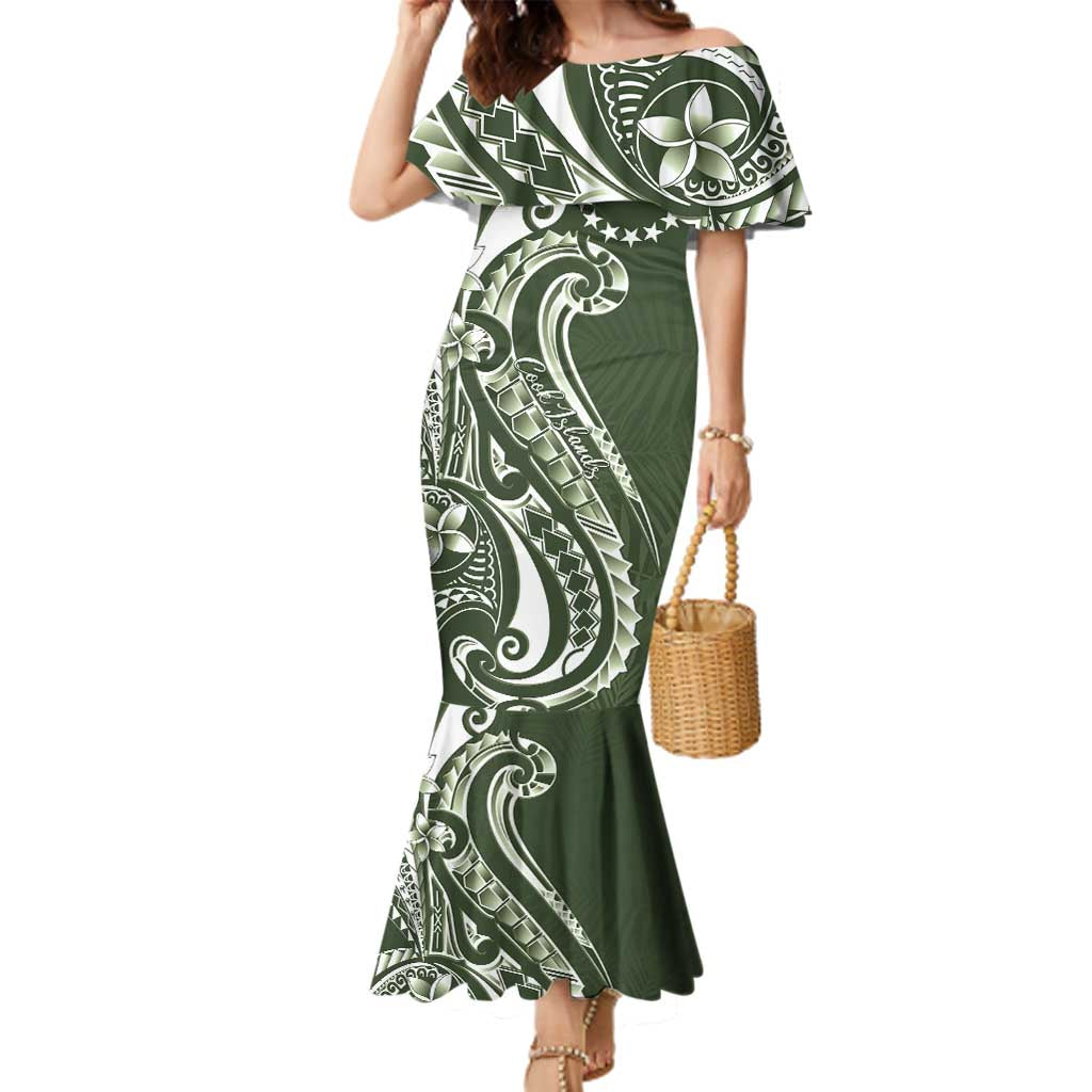 Kia Orana Cook Islands Family Matching Mermaid Dress and Hawaiian Shirt Matie Plumeria Tropical Waves LT7 Mom's Dress Sage Green - Polynesian Pride
