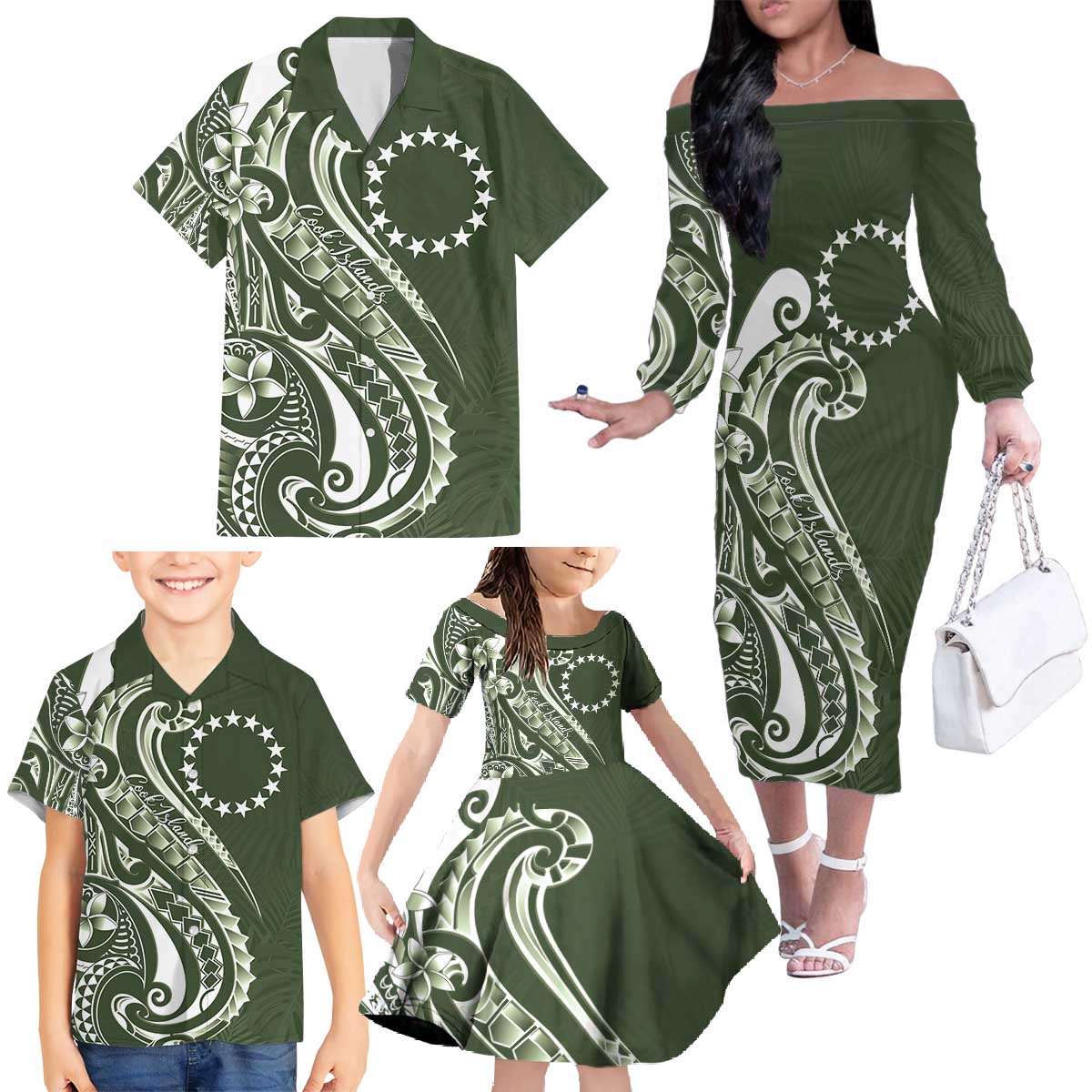 Kia Orana Cook Islands Family Matching Off The Shoulder Long Sleeve Dress and Hawaiian Shirt Matie Plumeria Tropical Waves LT7 - Polynesian Pride