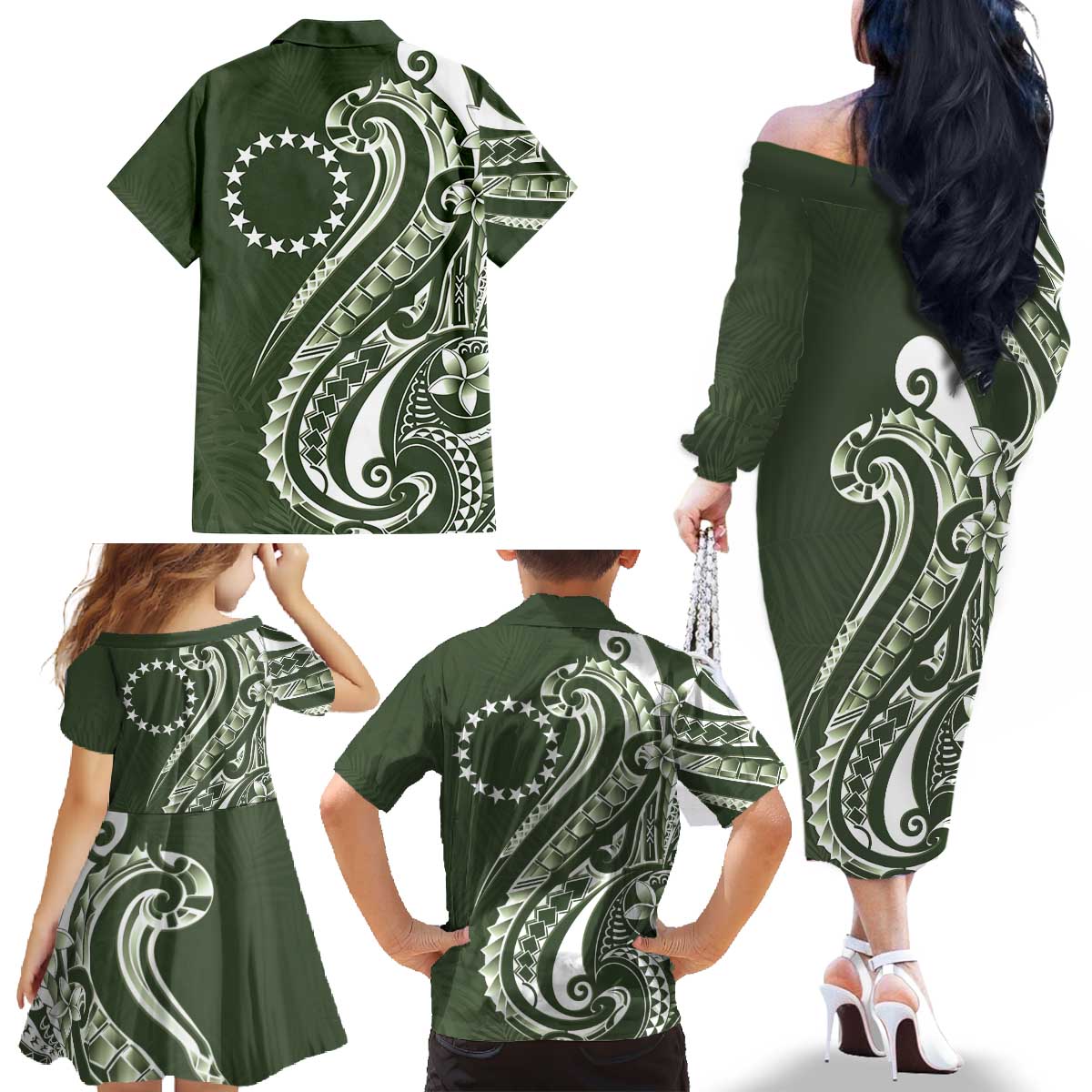 Kia Orana Cook Islands Family Matching Off The Shoulder Long Sleeve Dress and Hawaiian Shirt Matie Plumeria Tropical Waves LT7 - Polynesian Pride