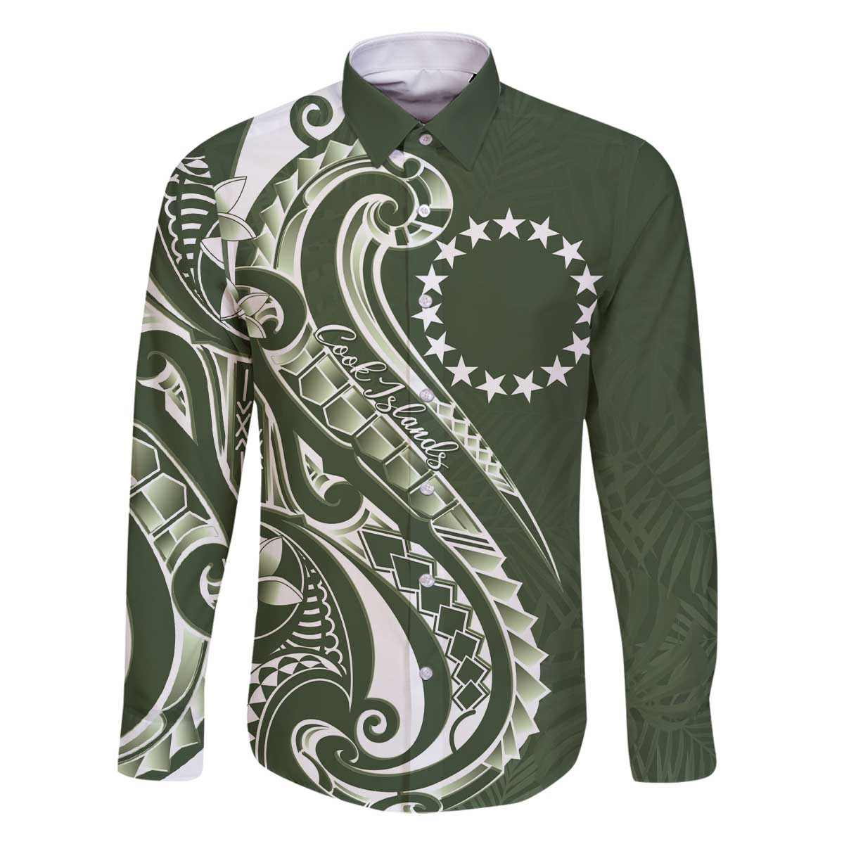 Kia Orana Cook Islands Family Matching Off The Shoulder Long Sleeve Dress and Hawaiian Shirt Matie Plumeria Tropical Waves LT7 Dad's Shirt - Long Sleeve Sage Green - Polynesian Pride