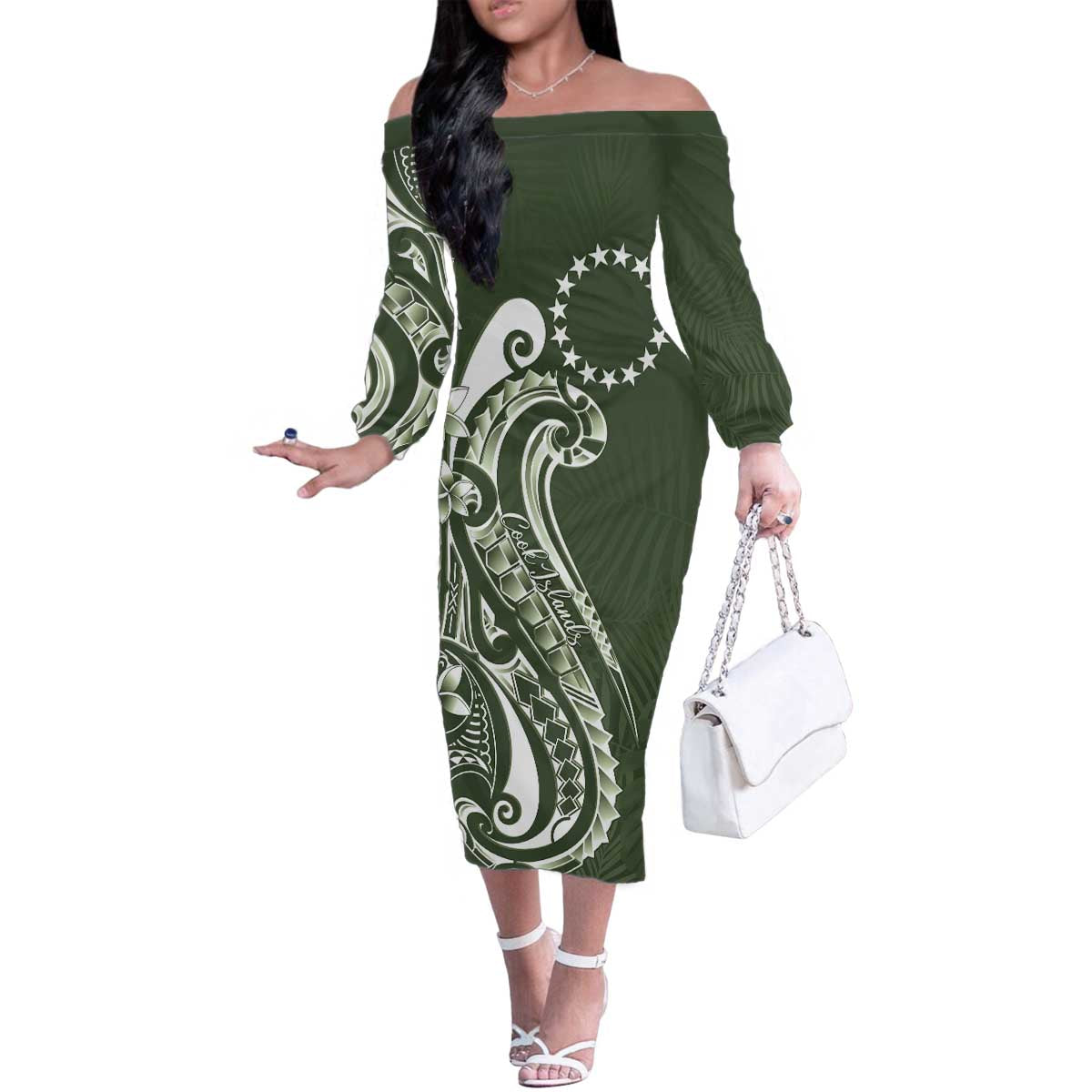 Kia Orana Cook Islands Family Matching Off The Shoulder Long Sleeve Dress and Hawaiian Shirt Matie Plumeria Tropical Waves LT7 Mom's Dress Sage Green - Polynesian Pride