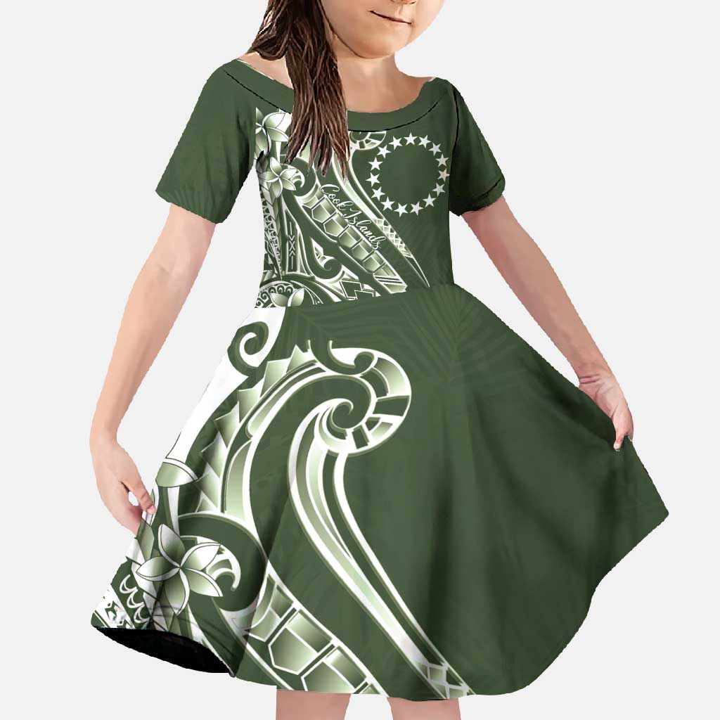 Kia Orana Cook Islands Family Matching Off Shoulder Maxi Dress and Hawaiian Shirt Matie Plumeria Tropical Waves LT7 Daughter's Dress Sage Green - Polynesian Pride