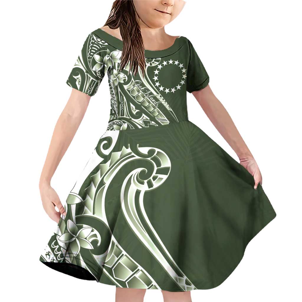 Kia Orana Cook Islands Family Matching Off Shoulder Short Dress and Hawaiian Shirt Matie Plumeria Tropical Waves LT7 Daughter's Dress Sage Green - Polynesian Pride
