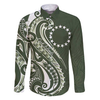 Kia Orana Cook Islands Family Matching Summer Maxi Dress and Hawaiian Shirt Matie Plumeria Tropical Waves LT7 Dad's Shirt - Long Sleeve Sage Green - Polynesian Pride