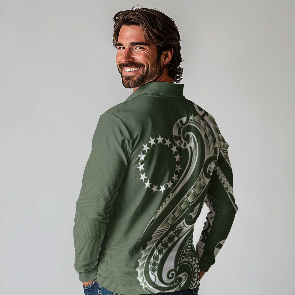 Kia Orana Cook Islands Long Sleeve Polo Shirt Matie Plumeria Tropical Waves - Polynesian Pride
