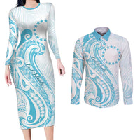 Kia Orana Cook Islands Couples Matching Long Sleeve Bodycon Dress and Long Sleeve Button Shirt Moana Plumeria Tropical Waves LT7 Turquoise - Polynesian Pride