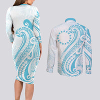 Kia Orana Cook Islands Couples Matching Long Sleeve Bodycon Dress and Long Sleeve Button Shirt Moana Plumeria Tropical Waves LT7 - Polynesian Pride