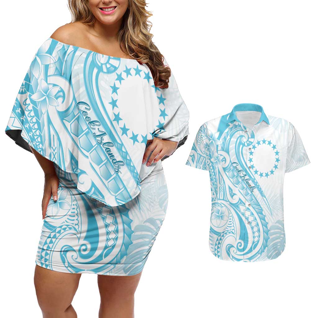 Kia Orana Cook Islands Couples Matching Off Shoulder Short Dress and Hawaiian Shirt Moana Plumeria Tropical Waves LT7 Turquoise - Polynesian Pride