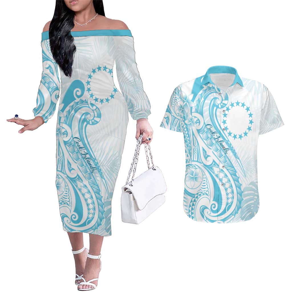 Kia Orana Cook Islands Couples Matching Off The Shoulder Long Sleeve Dress and Hawaiian Shirt Moana Plumeria Tropical Waves LT7 Turquoise - Polynesian Pride