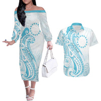 Kia Orana Cook Islands Couples Matching Off The Shoulder Long Sleeve Dress and Hawaiian Shirt Moana Plumeria Tropical Waves LT7 Turquoise - Polynesian Pride