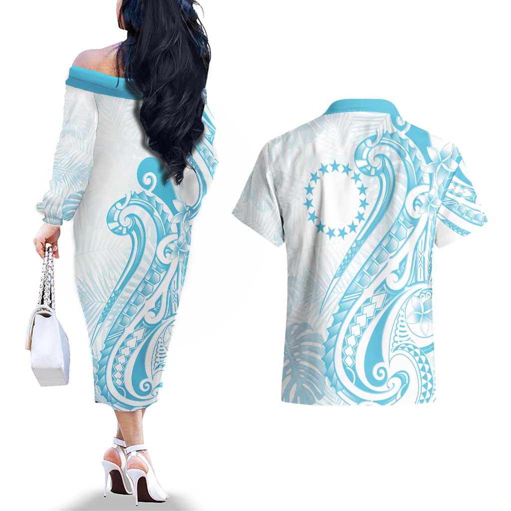 Kia Orana Cook Islands Couples Matching Off The Shoulder Long Sleeve Dress and Hawaiian Shirt Moana Plumeria Tropical Waves LT7 - Polynesian Pride