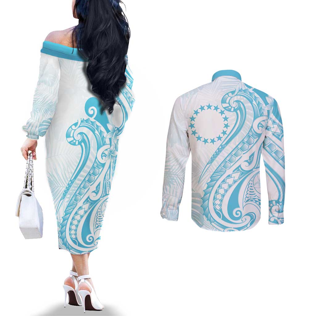 Kia Orana Cook Islands Couples Matching Off The Shoulder Long Sleeve Dress and Long Sleeve Button Shirt Moana Plumeria Tropical Waves LT7 - Polynesian Pride