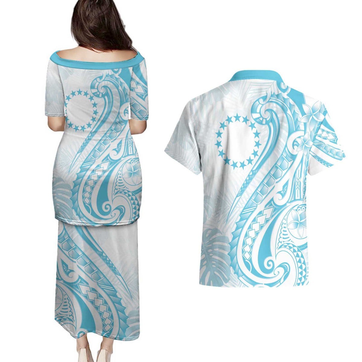 Kia Orana Cook Islands Couples Matching Puletasi and Hawaiian Shirt Moana Plumeria Tropical Waves - Polynesian Pride