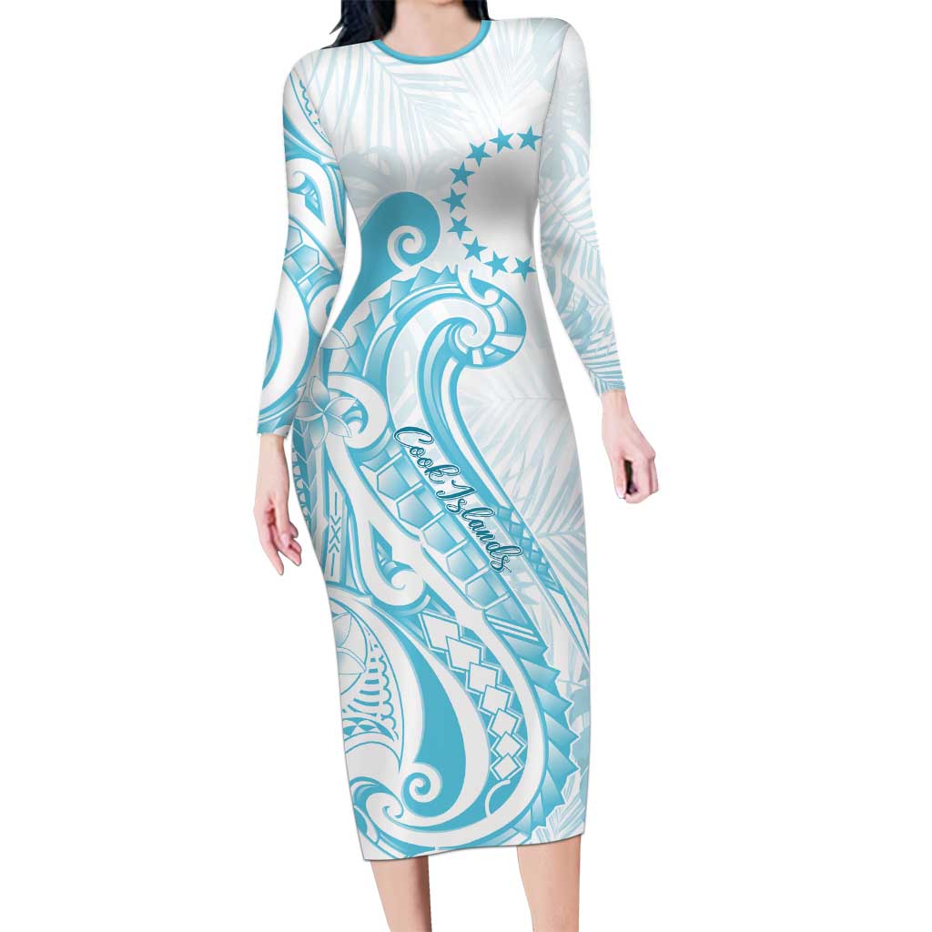 Kia Orana Cook Islands Family Matching Long Sleeve Bodycon Dress and Hawaiian Shirt Moana Plumeria Tropical Waves LT7 Mom's Dress Turquoise - Polynesian Pride