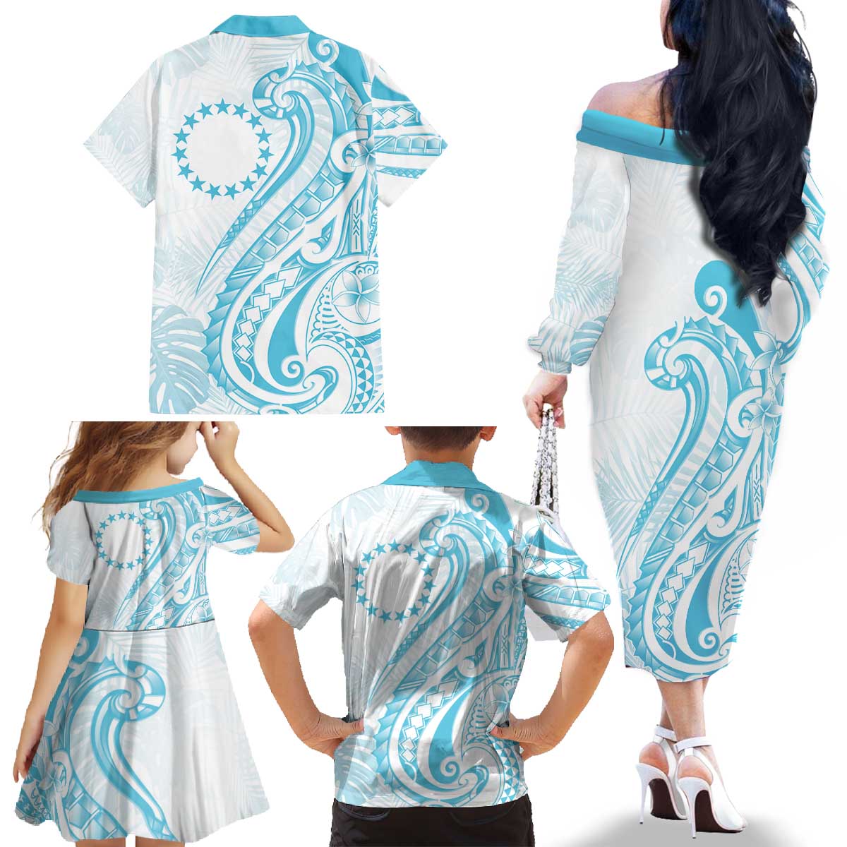 Kia Orana Cook Islands Family Matching Off The Shoulder Long Sleeve Dress and Hawaiian Shirt Moana Plumeria Tropical Waves LT7 - Polynesian Pride