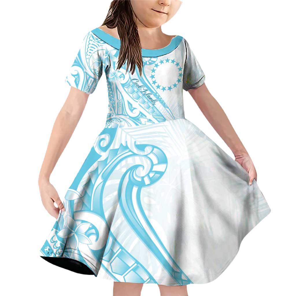 Kia Orana Cook Islands Family Matching Off Shoulder Short Dress and Hawaiian Shirt Moana Plumeria Tropical Waves LT7 Daughter's Dress Turquoise - Polynesian Pride