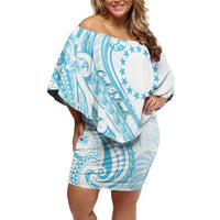 Kia Orana Cook Islands Family Matching Off Shoulder Short Dress and Hawaiian Shirt Moana Plumeria Tropical Waves LT7 Mom's Dress Turquoise - Polynesian Pride