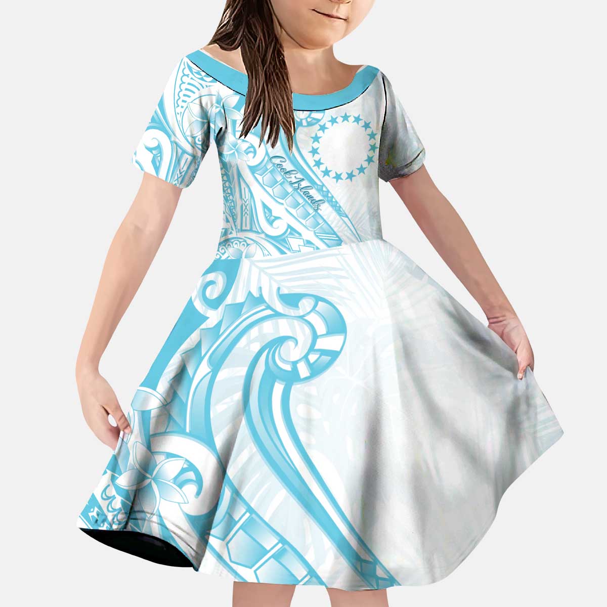 Kia Orana Cook Islands Kid Short Sleeve Dress Moana Plumeria Tropical Waves - Polynesian Pride