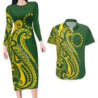 Kia Orana Cook Islands Couples Matching Long Sleeve Bodycon Dress and Hawaiian Shirt Plumeria Tropical Waves LT7 Yellow Green - Polynesian Pride