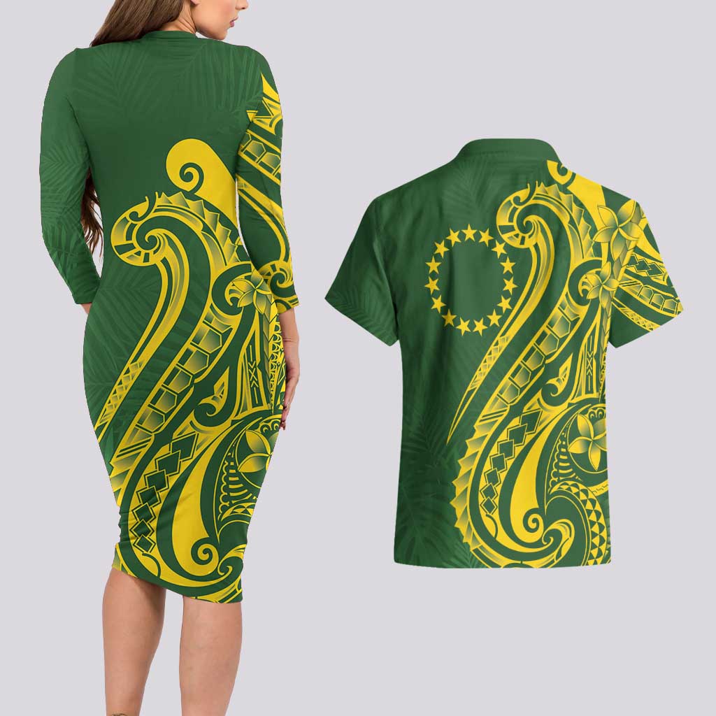 Kia Orana Cook Islands Couples Matching Long Sleeve Bodycon Dress and Hawaiian Shirt Plumeria Tropical Waves LT7 - Polynesian Pride