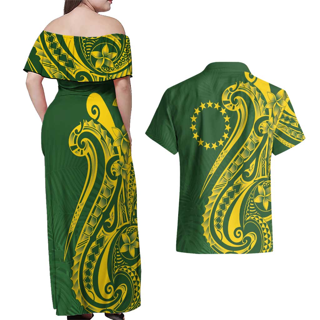 Kia Orana Cook Islands Couples Matching Off Shoulder Maxi Dress and Hawaiian Shirt Plumeria Tropical Waves - Polynesian Pride