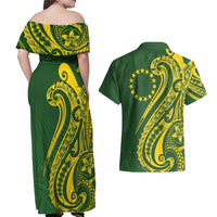 Kia Orana Cook Islands Couples Matching Off Shoulder Maxi Dress and Hawaiian Shirt Plumeria Tropical Waves - Polynesian Pride