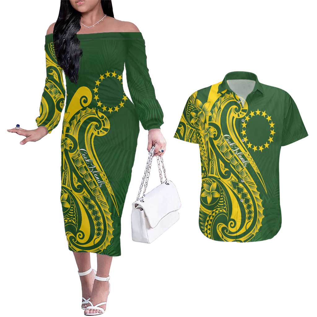 Kia Orana Cook Islands Couples Matching Off The Shoulder Long Sleeve Dress and Hawaiian Shirt Plumeria Tropical Waves LT7 Yellow Green - Polynesian Pride