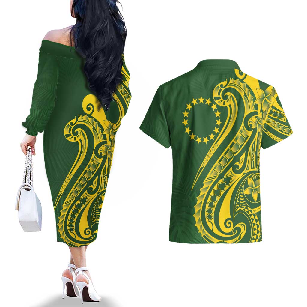 Kia Orana Cook Islands Couples Matching Off The Shoulder Long Sleeve Dress and Hawaiian Shirt Plumeria Tropical Waves LT7 - Polynesian Pride