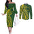 Kia Orana Cook Islands Couples Matching Off The Shoulder Long Sleeve Dress and Long Sleeve Button Shirt Plumeria Tropical Waves - Polynesian Pride
