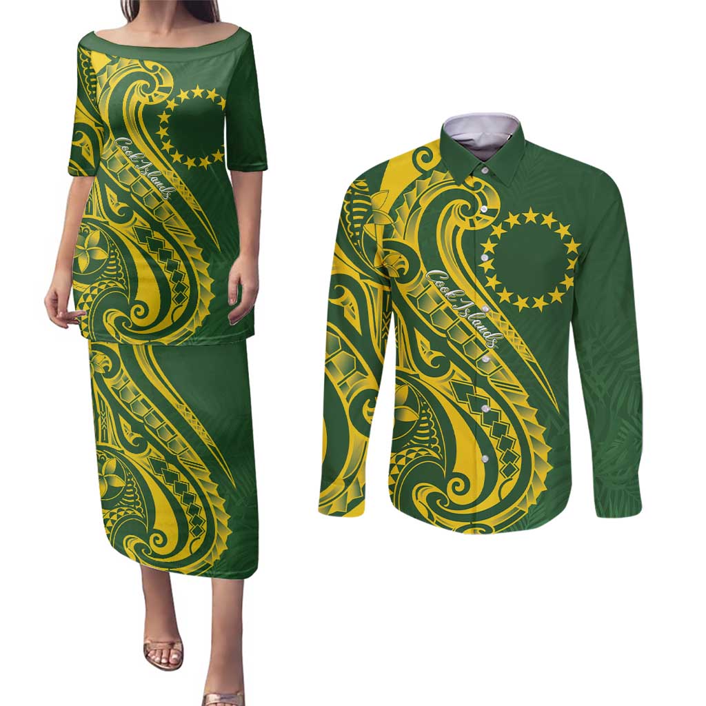 Kia Orana Cook Islands Couples Matching Puletasi and Long Sleeve Button Shirt Plumeria Tropical Waves - Polynesian Pride