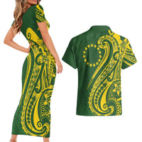 Kia Orana Cook Islands Couples Matching Short Sleeve Bodycon Dress and Hawaiian Shirt Plumeria Tropical Waves LT7 - Polynesian Pride