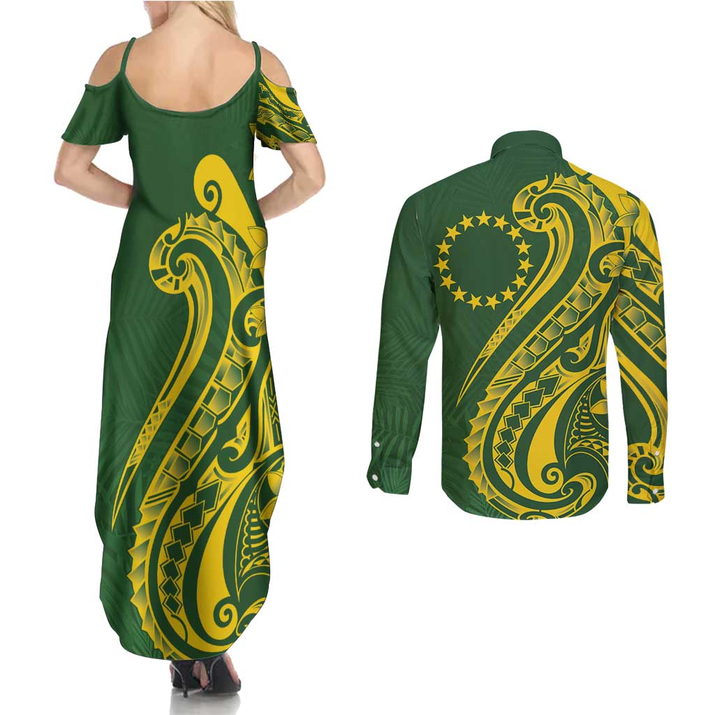 Kia Orana Cook Islands Couples Matching Summer Maxi Dress and Long Sleeve Button Shirt Plumeria Tropical Waves - Polynesian Pride