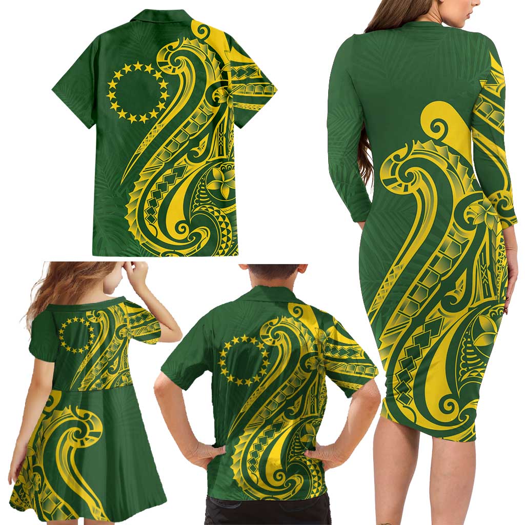 Kia Orana Cook Islands Family Matching Long Sleeve Bodycon Dress and Hawaiian Shirt Plumeria Tropical Waves LT7 - Polynesian Pride