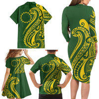 Kia Orana Cook Islands Family Matching Long Sleeve Bodycon Dress and Hawaiian Shirt Plumeria Tropical Waves LT7 - Polynesian Pride