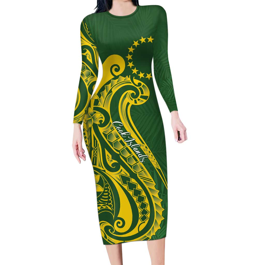 Kia Orana Cook Islands Family Matching Long Sleeve Bodycon Dress and Hawaiian Shirt Plumeria Tropical Waves LT7 Mom's Dress Yellow Green - Polynesian Pride