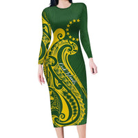 Kia Orana Cook Islands Family Matching Long Sleeve Bodycon Dress and Hawaiian Shirt Plumeria Tropical Waves LT7 Mom's Dress Yellow Green - Polynesian Pride