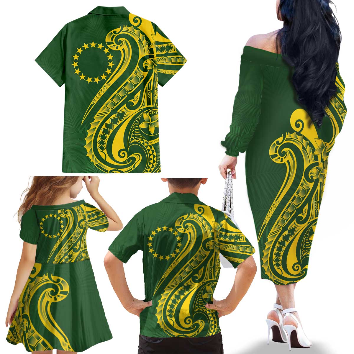 Kia Orana Cook Islands Family Matching Off The Shoulder Long Sleeve Dress and Hawaiian Shirt Plumeria Tropical Waves LT7 - Polynesian Pride
