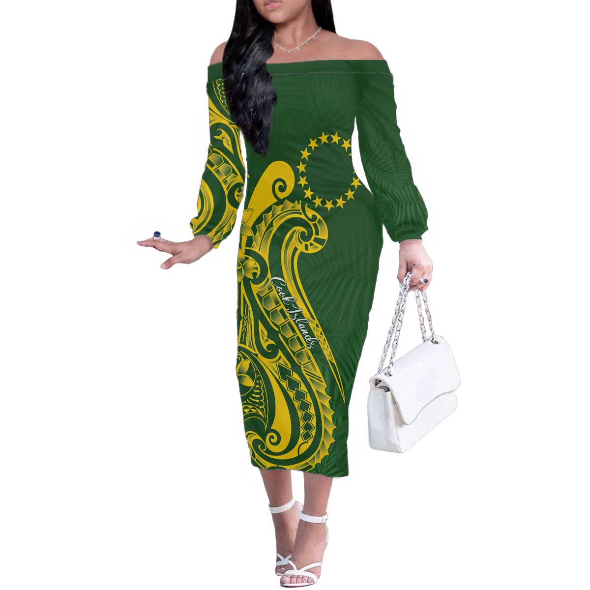 Kia Orana Cook Islands Family Matching Off The Shoulder Long Sleeve Dress and Hawaiian Shirt Plumeria Tropical Waves LT7 Mom's Dress Yellow Green - Polynesian Pride