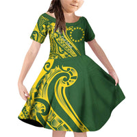 Kia Orana Cook Islands Family Matching Off Shoulder Short Dress and Hawaiian Shirt Plumeria Tropical Waves LT7 Daughter's Dress Yellow Green - Polynesian Pride