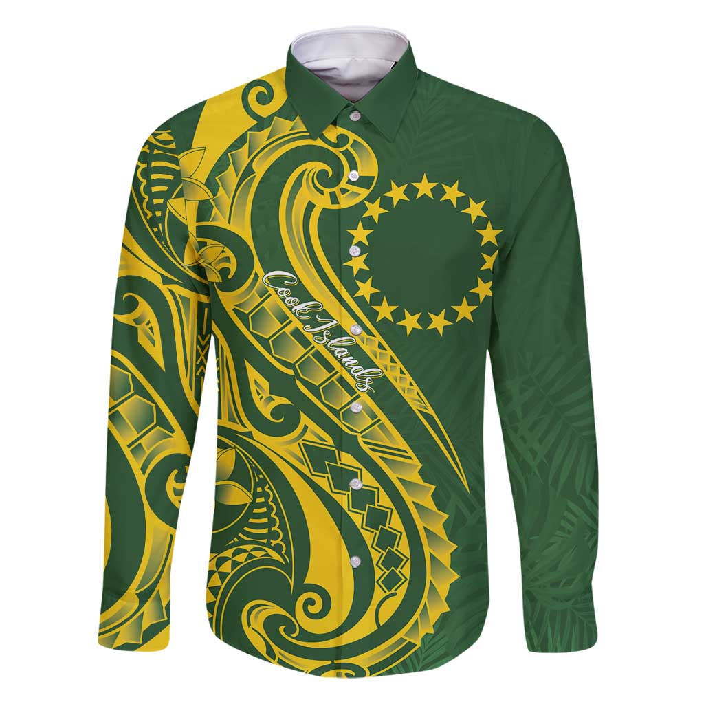 Kia Orana Cook Islands Family Matching Off Shoulder Short Dress and Hawaiian Shirt Plumeria Tropical Waves LT7 Dad's Shirt - Long Sleeve Yellow Green - Polynesian Pride