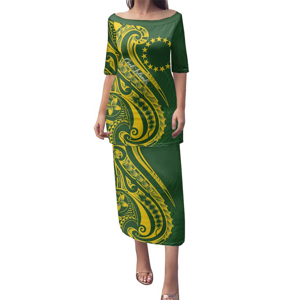 Kia Orana Cook Islands Family Matching Puletasi and Hawaiian Shirt Plumeria Tropical Waves LT7 Mom's Dress Yellow Green - Polynesian Pride