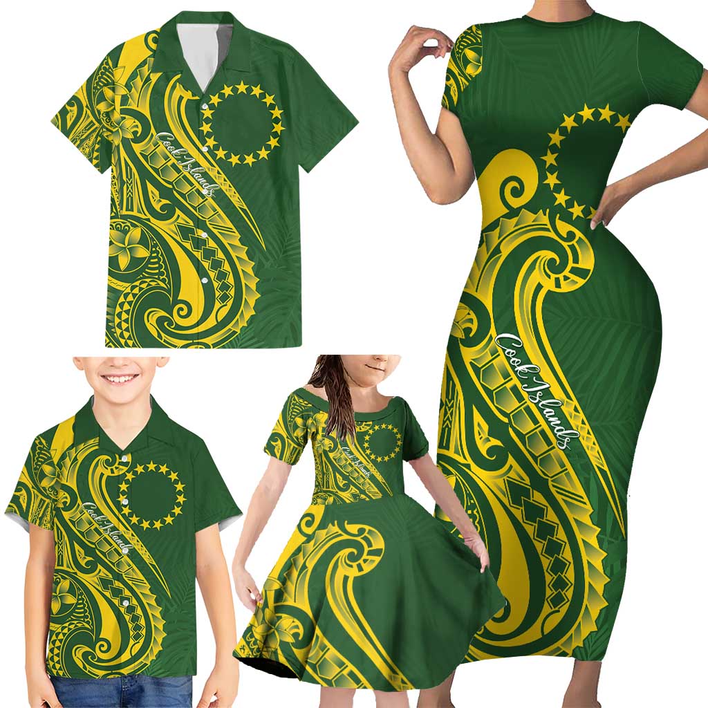 Kia Orana Cook Islands Family Matching Short Sleeve Bodycon Dress and Hawaiian Shirt Plumeria Tropical Waves LT7 - Polynesian Pride
