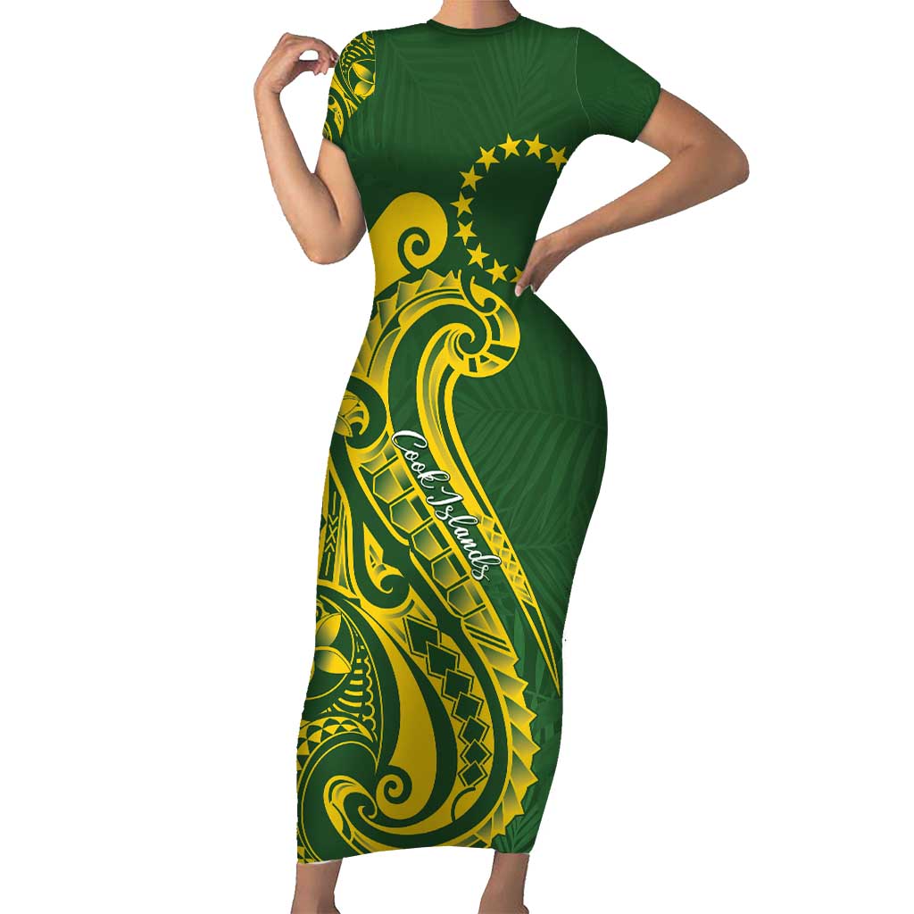 Kia Orana Cook Islands Family Matching Short Sleeve Bodycon Dress and Hawaiian Shirt Plumeria Tropical Waves LT7 Mom's Dress Yellow Green - Polynesian Pride