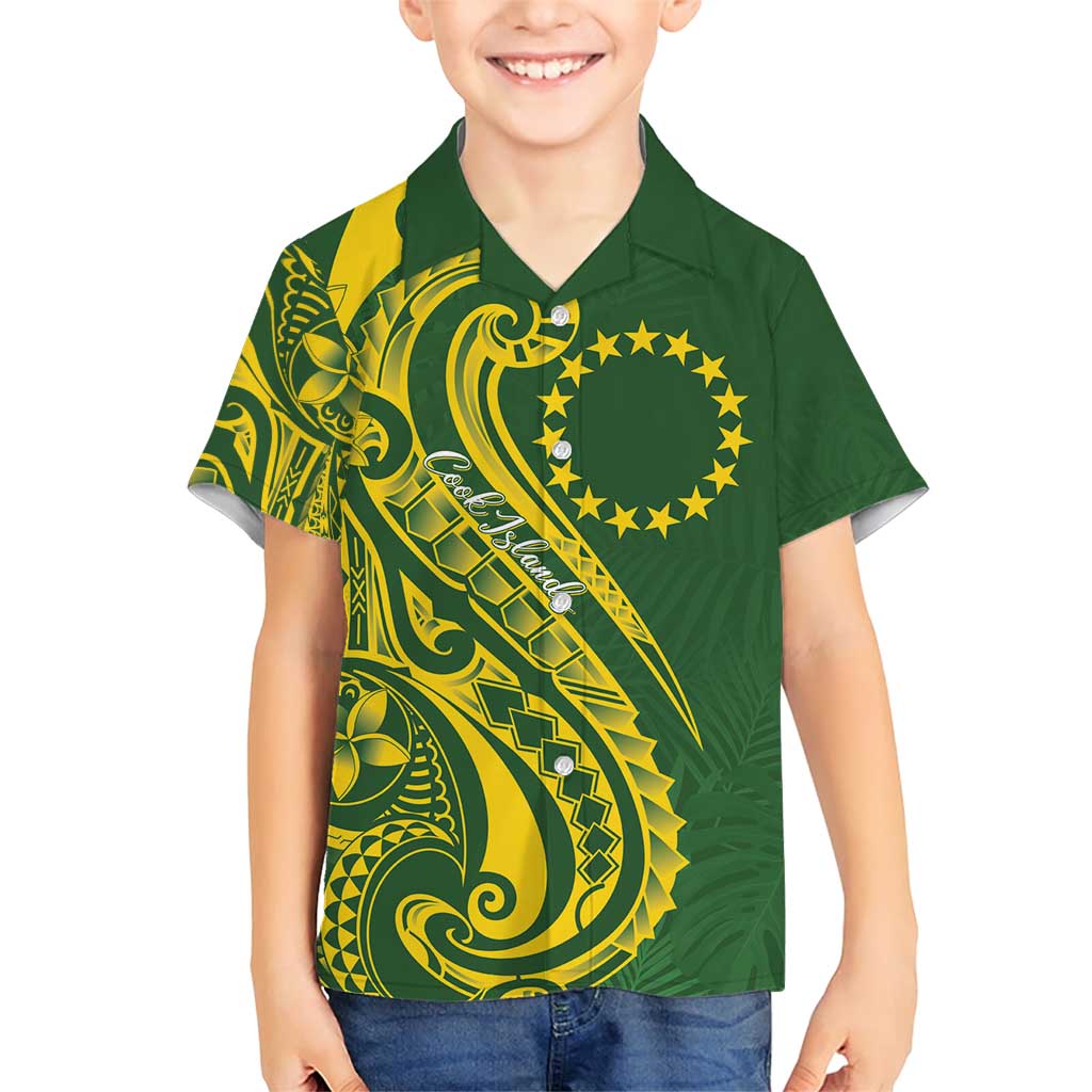 Kia Orana Cook Islands Family Matching Short Sleeve Bodycon Dress and Hawaiian Shirt Plumeria Tropical Waves LT7 Son's Shirt Yellow Green - Polynesian Pride