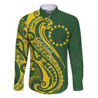 Kia Orana Cook Islands Family Matching Tank Maxi Dress and Hawaiian Shirt Plumeria Tropical Waves LT7 Dad's Shirt - Long Sleeve Yellow Green - Polynesian Pride