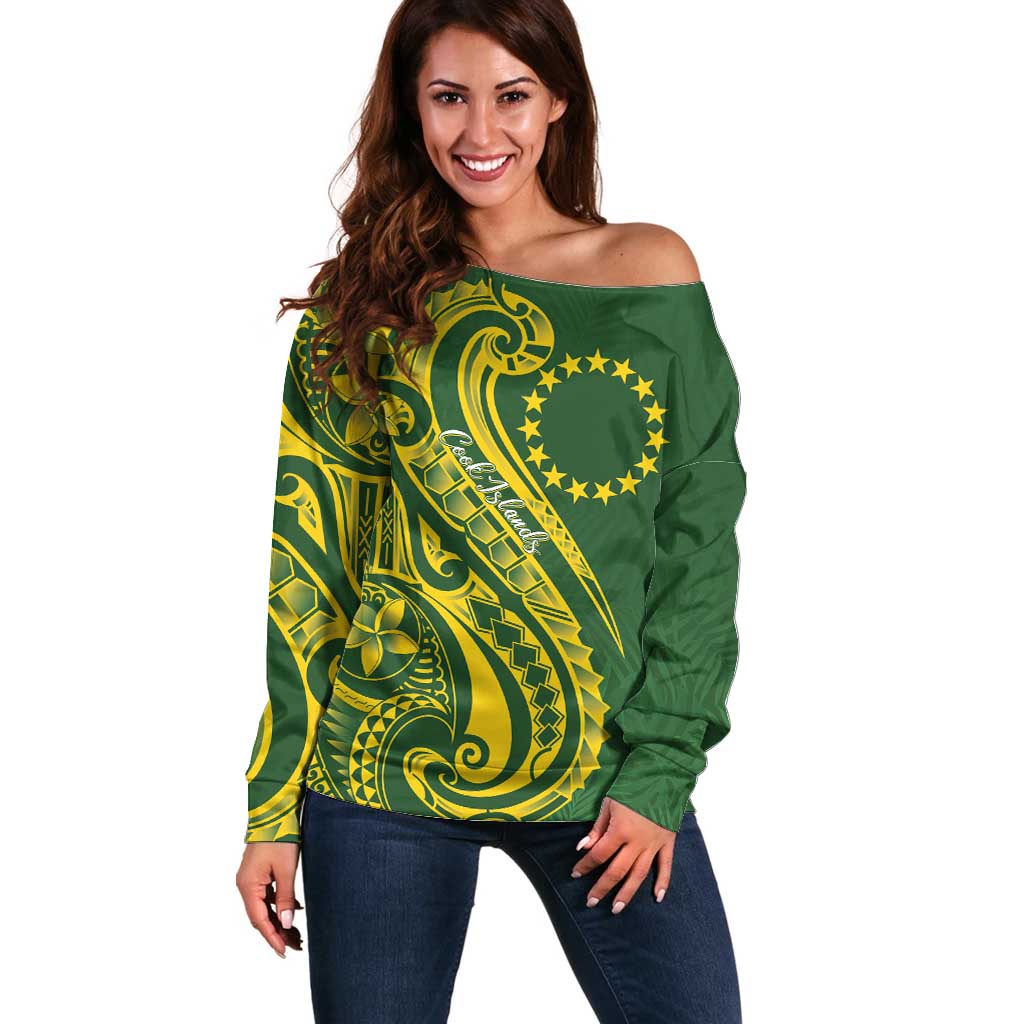 Kia Orana Cook Islands Off Shoulder Sweater Plumeria Tropical Waves - Polynesian Pride