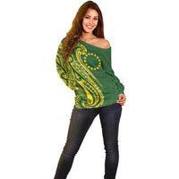 Kia Orana Cook Islands Off Shoulder Sweater Plumeria Tropical Waves - Polynesian Pride
