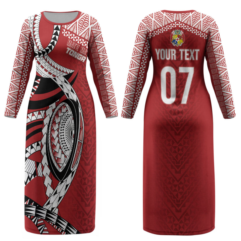 Mate Ma'a Tonga Rugby Custom Kupesi Motifs Couples Matching Long Sleeve Bodycon Dress and Hawaiian Shirt Red Waves LT7 - Polynesian Pride